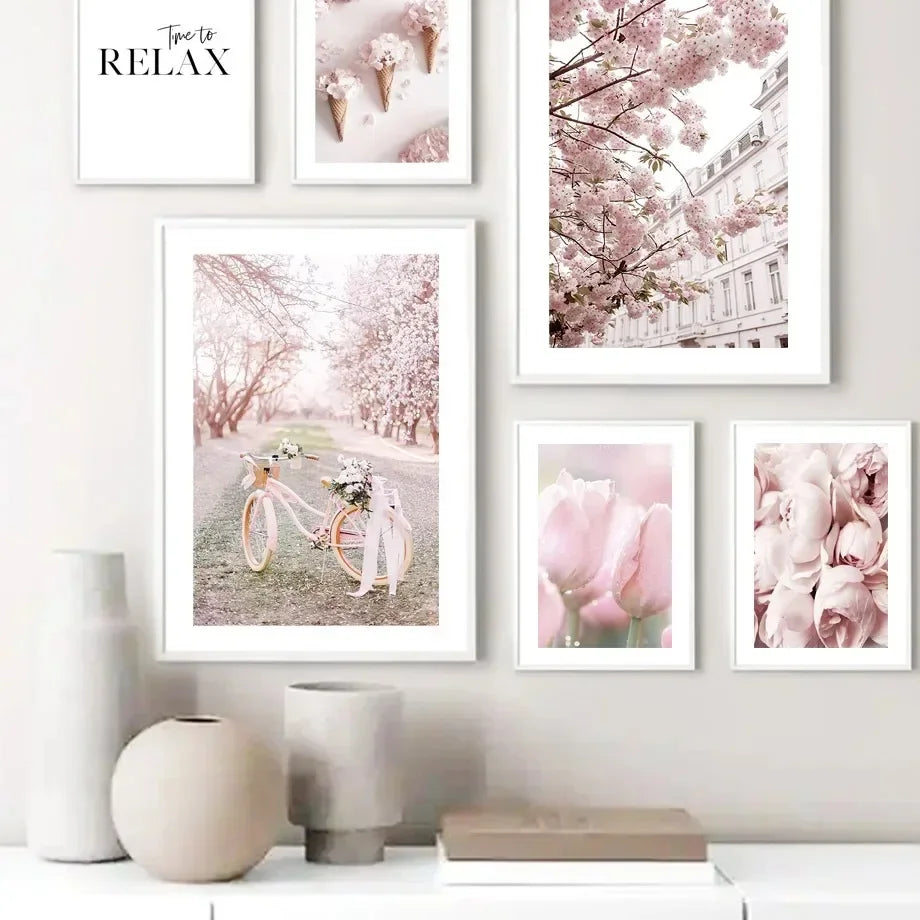 Nordic Pink Flower Canvas Wall Art Sakura Rose Tulip Floral Landscape Aesthetic Poster for Bedroom Living Room Home Decor Peaceful Pleasures Health and Wellness