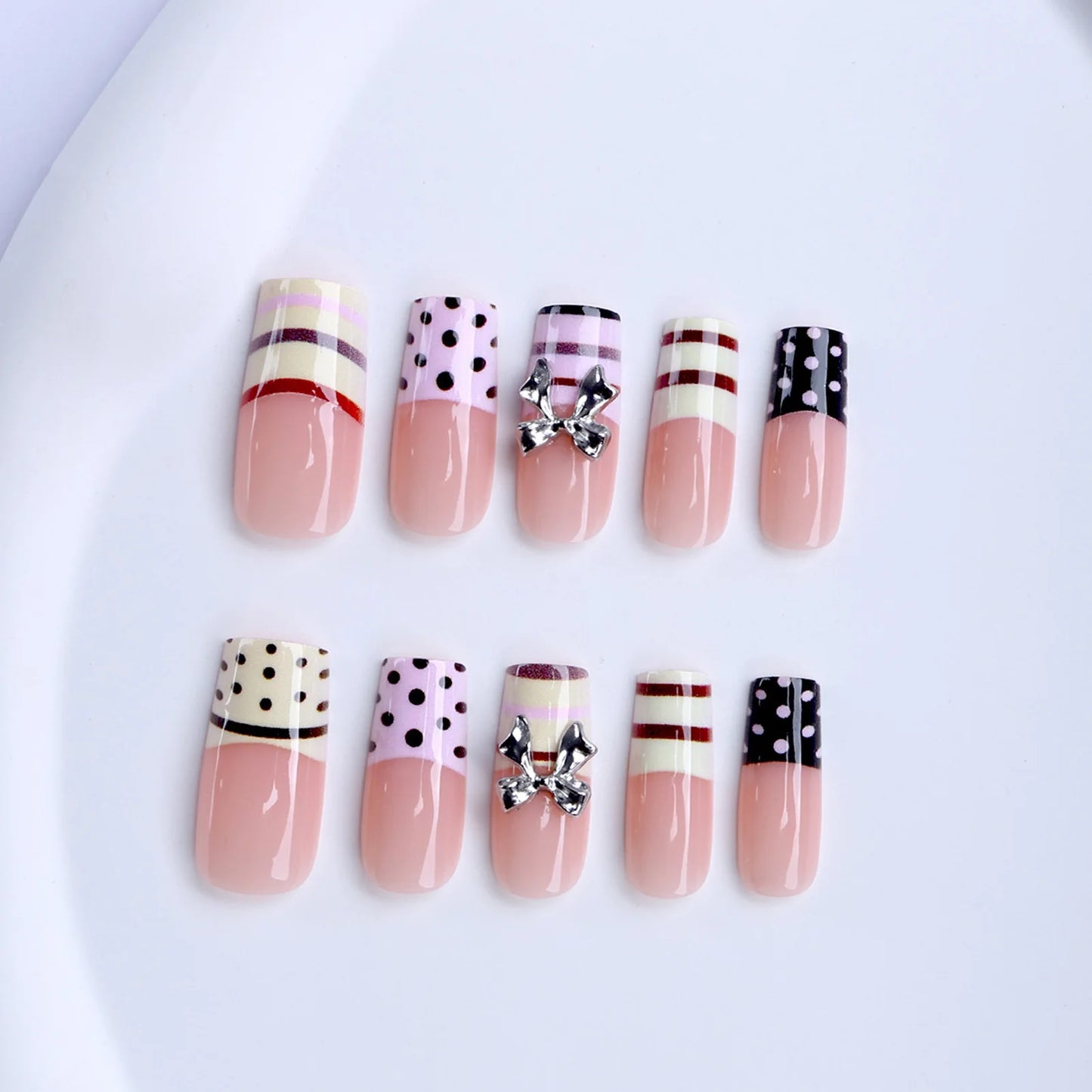 24pc Y2K French Press-On Nails – 3D Silver Bow & Stripe Art