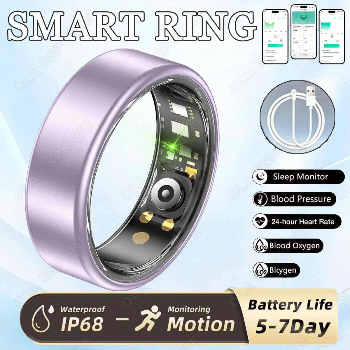 New R09 Smart Ring Men Women with Charging Case,Heart Rate Blood Oxygen,Skin Temperature Monitor,5ATM Waterproof For Android iOS Peaceful Pleasures Health and Wellness Purple 14