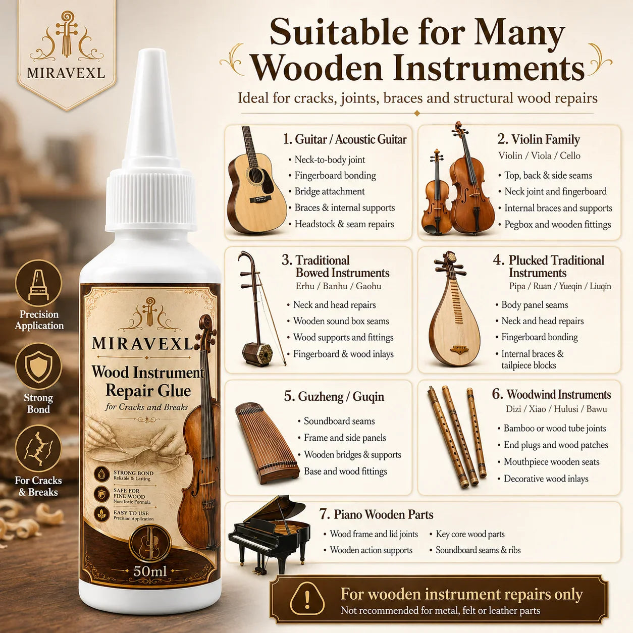 MIRAVEXL Wood Instrument Repair Glue 50ml Kit | Guitar Violin