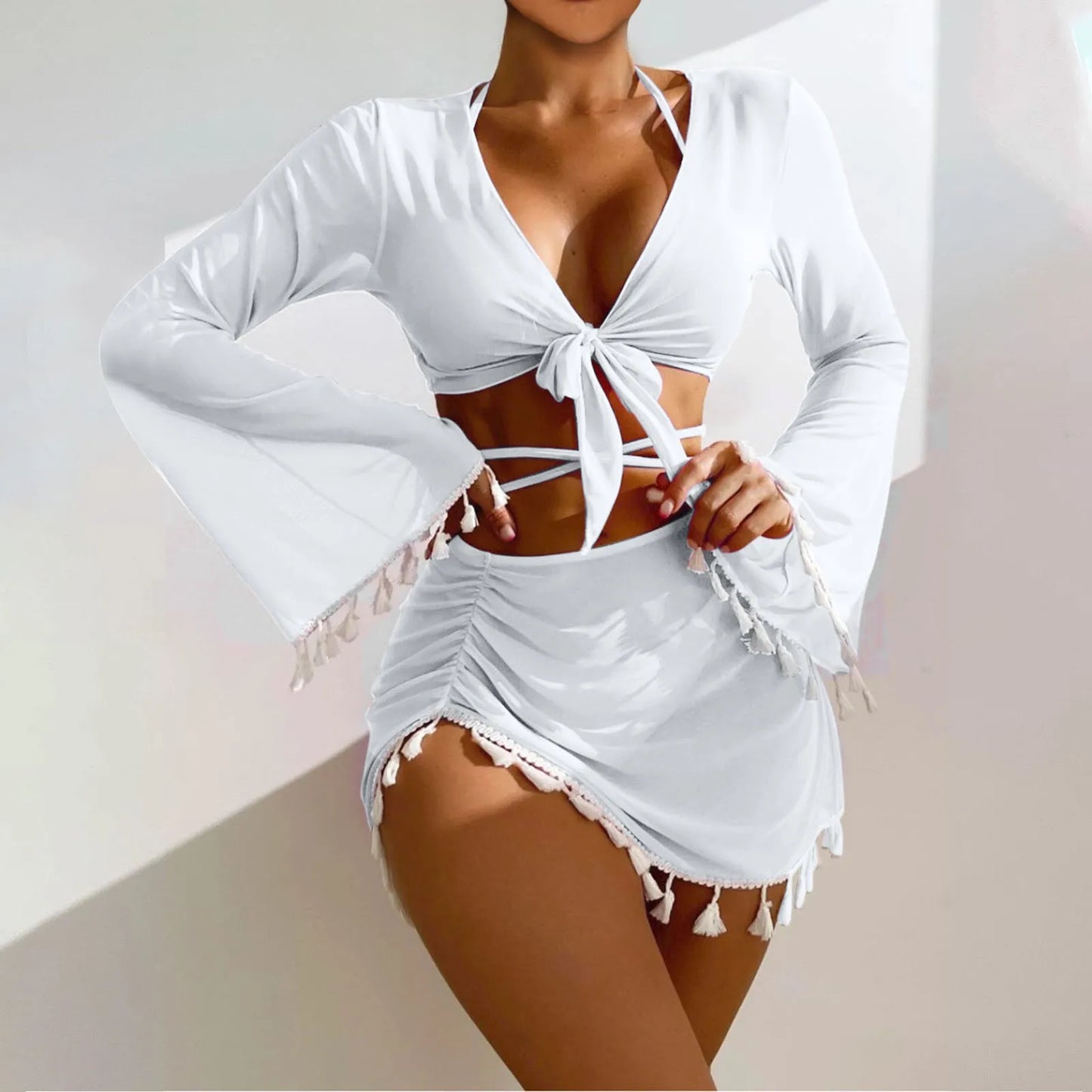 Solid Color Sexy Fashion Slim Fitting Beach Swimwear For Lady Split Lightweight Strap High Waist Pleated Cover-up Four-Piece Set Peaceful Pleasures Health and Wellness White M
