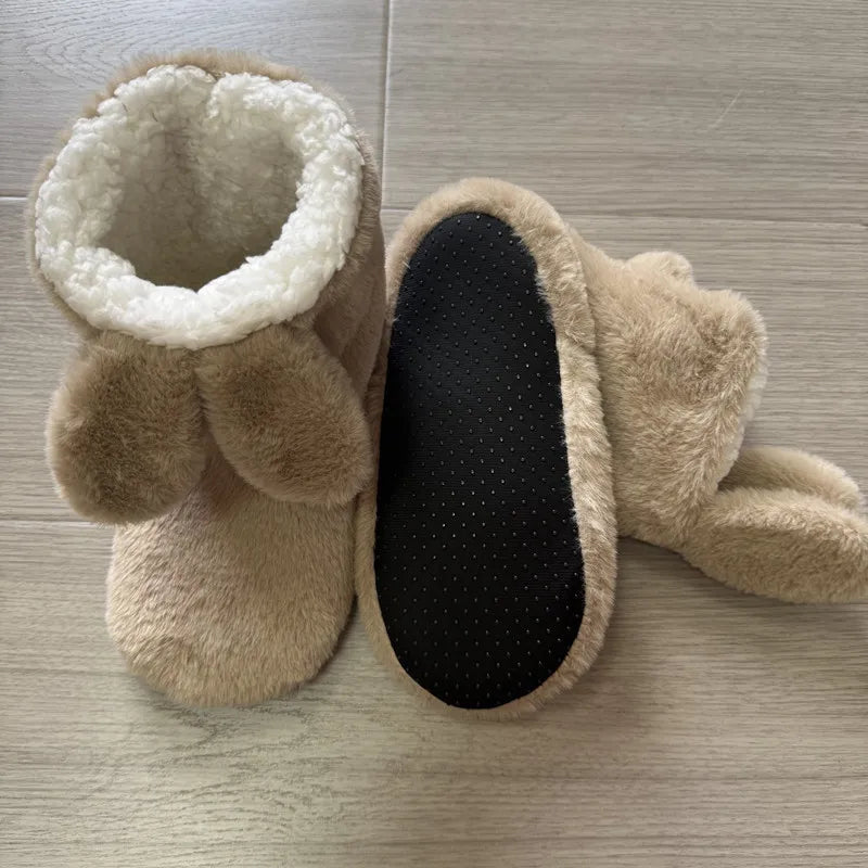 Women's Rabbit Ear Fuzzy Plush Slipper Boots | Warm Indoor Shoes
