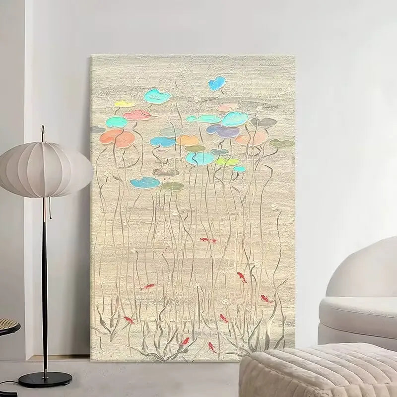 Lotus Pond Scenery Hand Drawn Oil Painting,Abstract Texture, Living Room Decoration Painting, Homestay Hotel Modern Art Painting Peaceful Pleasures Health and Wellness