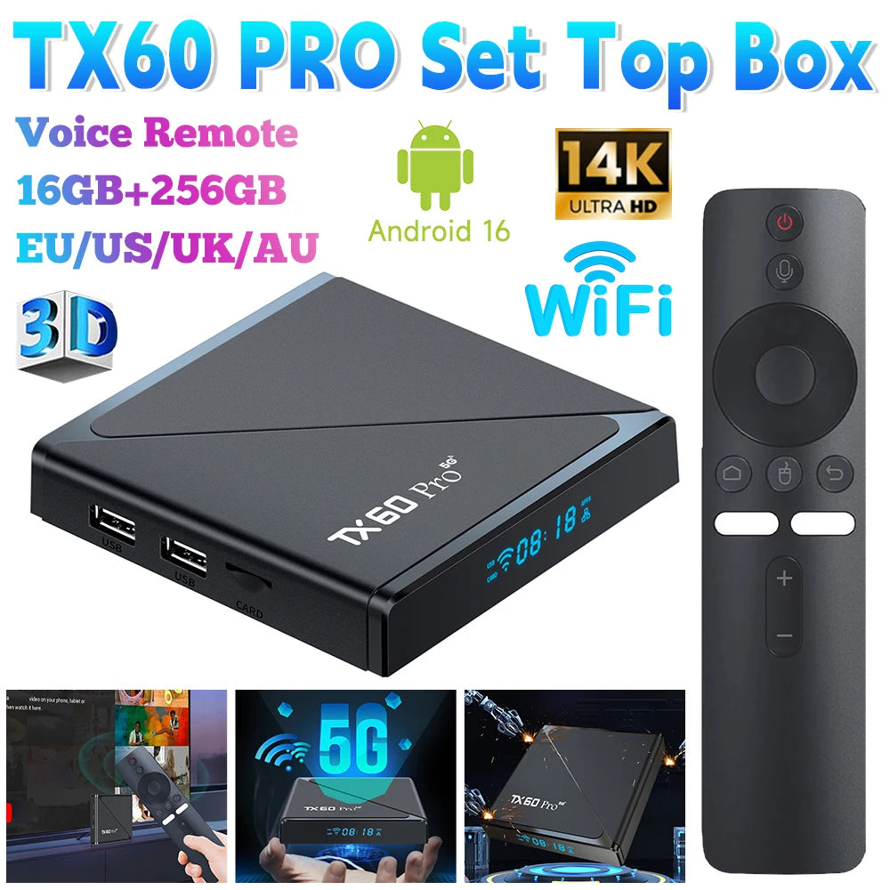 TX60 PRO Android 16 Smart TV Box 14K 2.4G/5G Dual WiFi 6 Media Player Set Top Box with Remote Set Top Box Quad Core16GB 256GB Peaceful Pleasures Health and Wellness