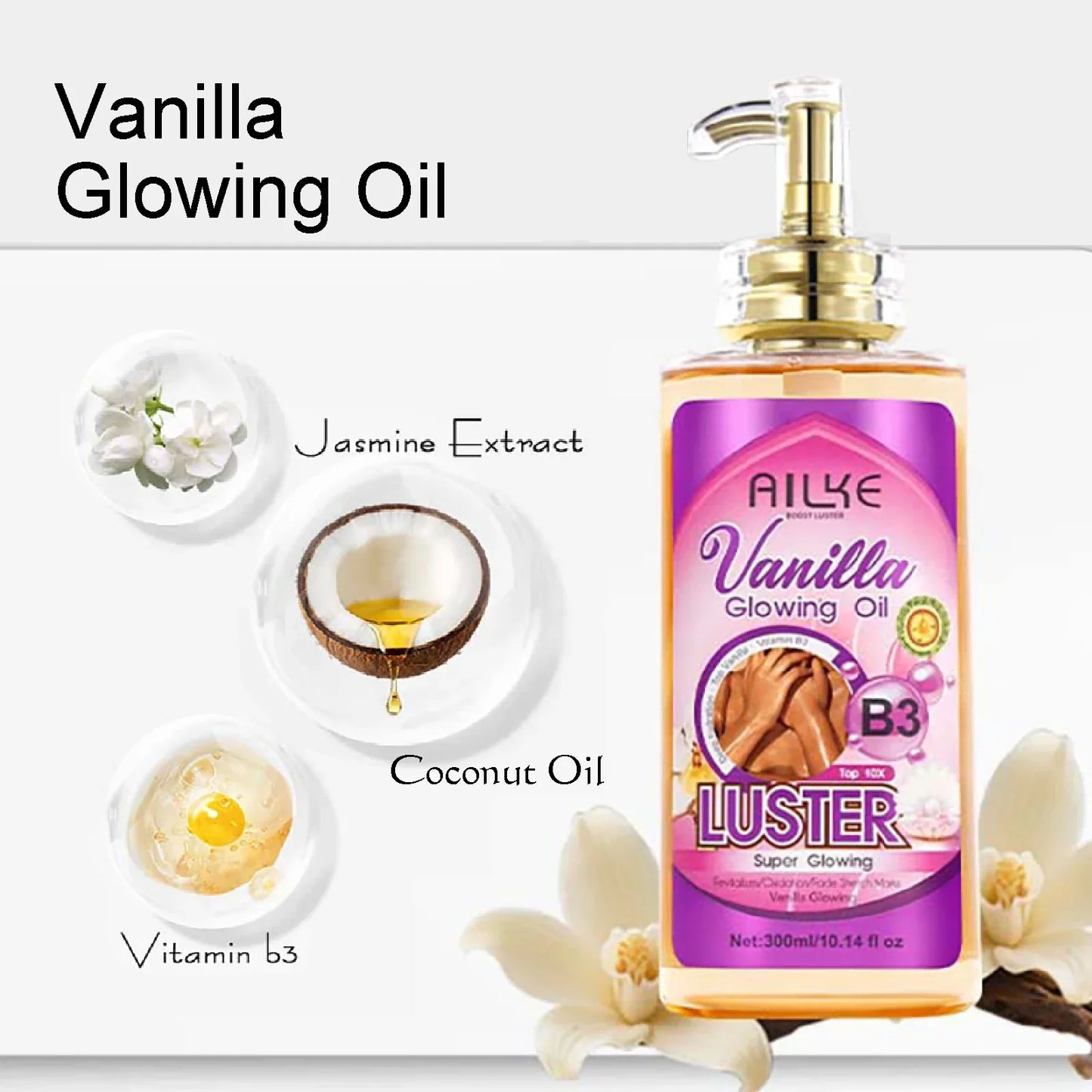 AILKE Skin Glowing Whitening Body Oil – All Skin Types 300ml Peaceful Pleasures Health and Wellness Vanilla Glowing Oil