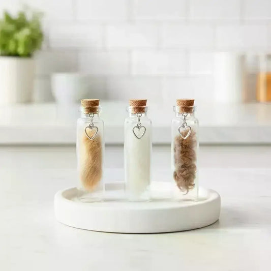 Pet Fur Keepsake Glass Bottle with Cork Stopper & Heart Charm Pet Keepsake Bottle Peaceful Pleasures Health and Wellness