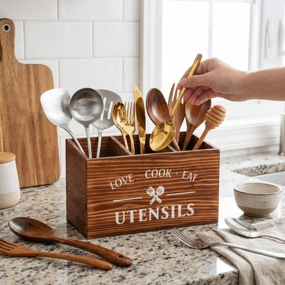 Wooden Utensil Holder – 3-Compartment Cutlery Organizer