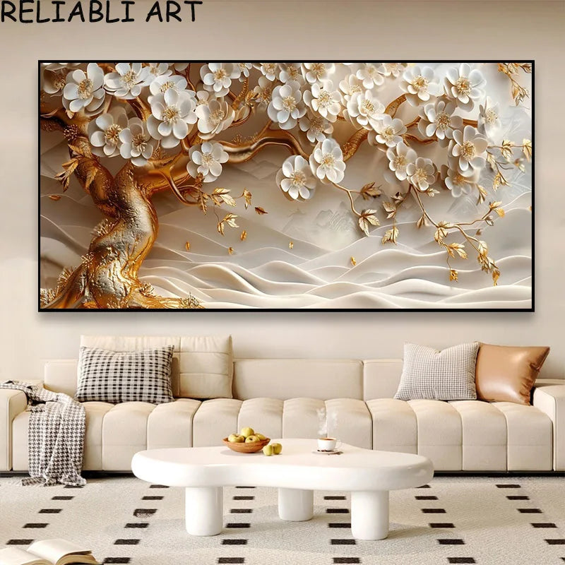 3D Golden White Flower Tree Poster and Prints Light Luxury Canvas Painting Wall Art Pictures for Living Room Home Decor No Frame Peaceful Pleasures Health and Wellness