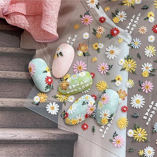 5D Spring White/Pink Embossed Daisy Nail Art Stickers White Daisy Flowers Nail Decal Self-Adhesive Elegant Daisy Floret Slider Peaceful Pleasures Health and Wellness