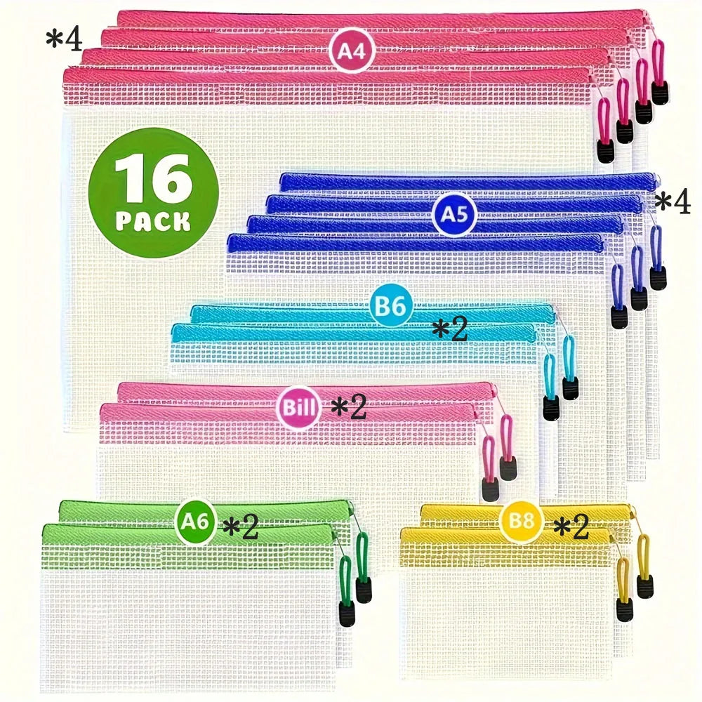 16-Piece Waterproof Mesh Zipper Bags – Travel & Office Organizers
