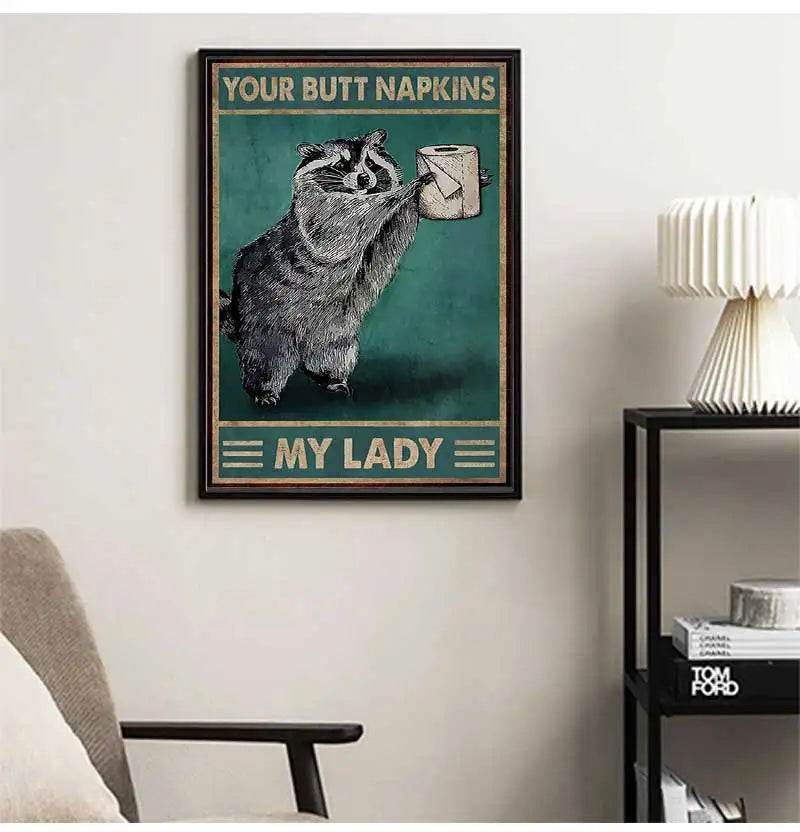 Funny Raccoon Butt Napkins Canvas Poster | Bathroom Wall Art Canvas Poster Print Peaceful Pleasures Health and Wellness