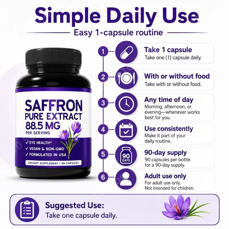 Saffron Extract 88.5mg Vegan Capsules – 90ct | Eye Wellness