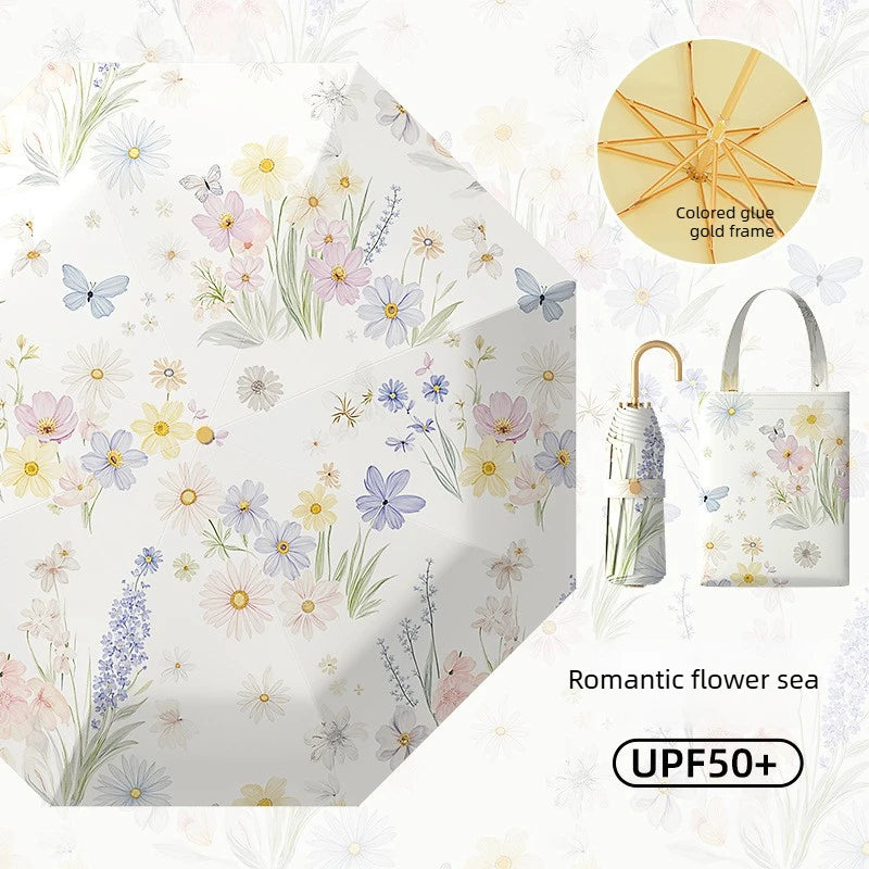 1pc Golden Hook Printed Sunny Umbrella Sunscreen Folding Umbrella for Women's Rain and Rain Use Peaceful Pleasures Health and Wellness metal-fiber composite 8K Sea of flowers
