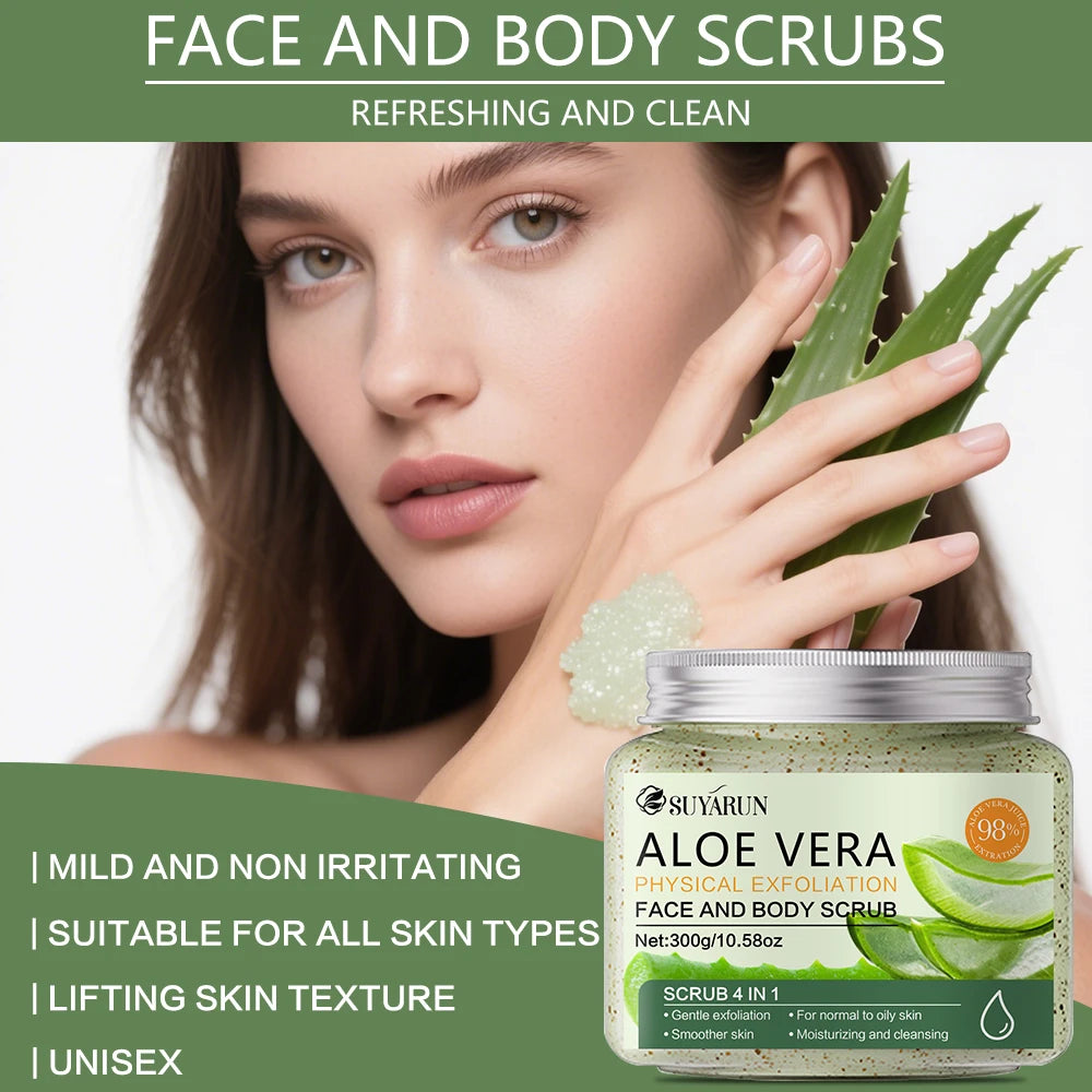 SUYARUN Natural Aloe Vera Exfoliating Scrub for Face & Body - Moisturizing Organic Formula, Gentle Skin Renewal 300g. Peaceful Pleasures Health and Wellness