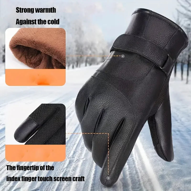 1 Pair Winter Cycling Leather Motorcycle Cotton Gloves Black Thick Velvet Cold Resistant And Windproof Cycling Cotton Gloves Peaceful Pleasures Health and Wellness