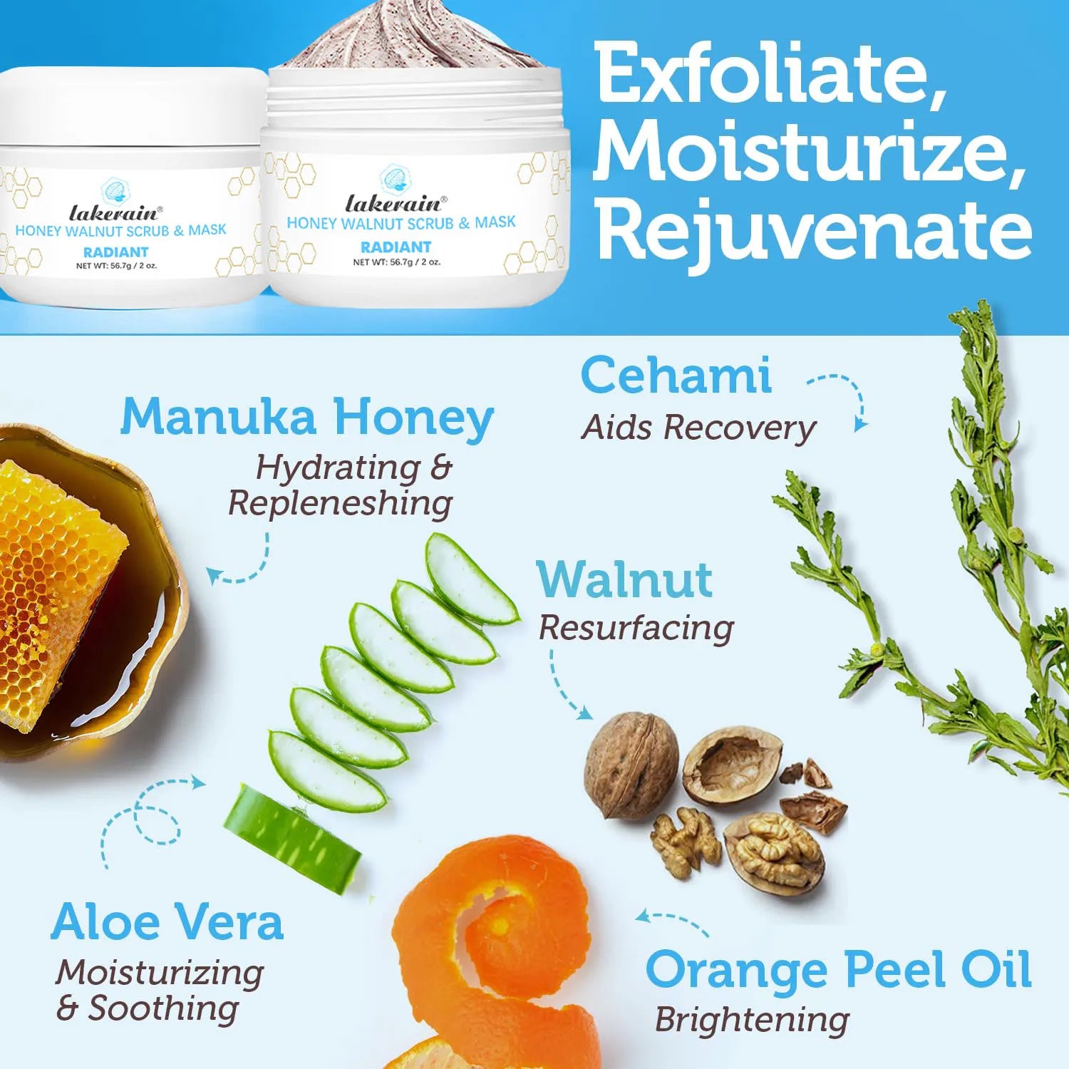 Facial Scrub & Face Exfoliator - Spa Quality Exfoliating Mask with Manuka Honey Plus Walnut for Blackheads, Buildup, Wrinkles Peaceful Pleasures Health and Wellness