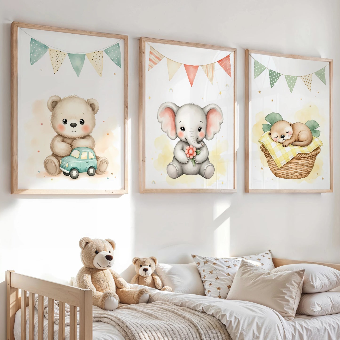Watercolor Elephant Bear Canvas Wall Art | Kids Room Decor