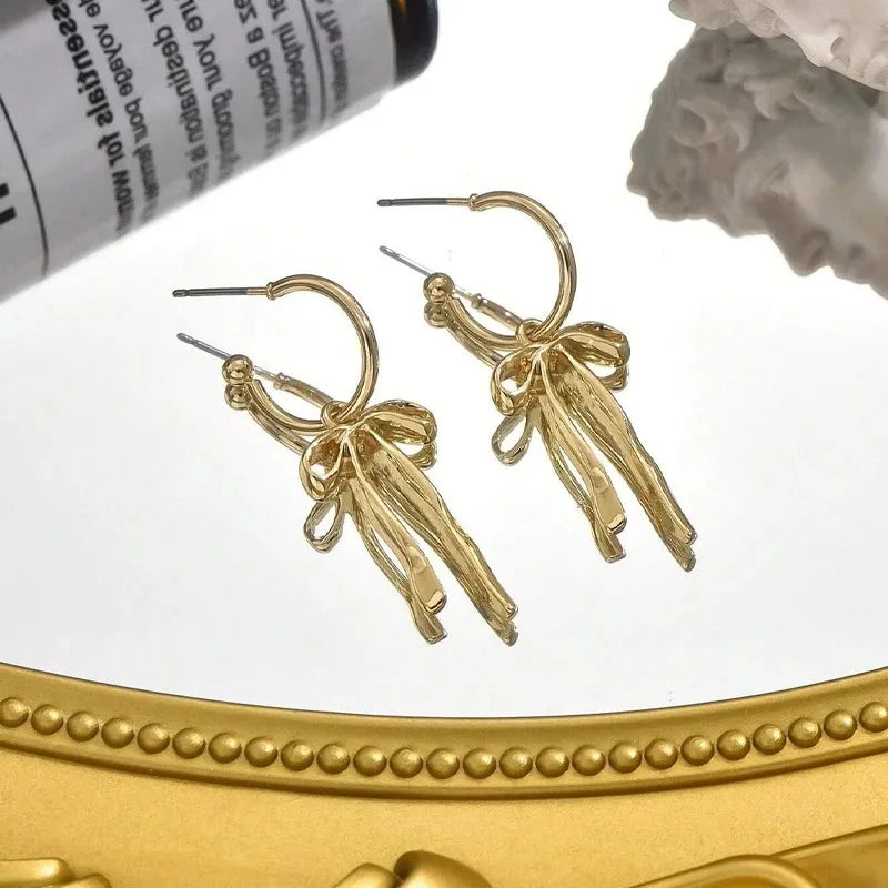 Gold Bowknot Tassel Stud Earrings – Retro Fashion Jewelry Women