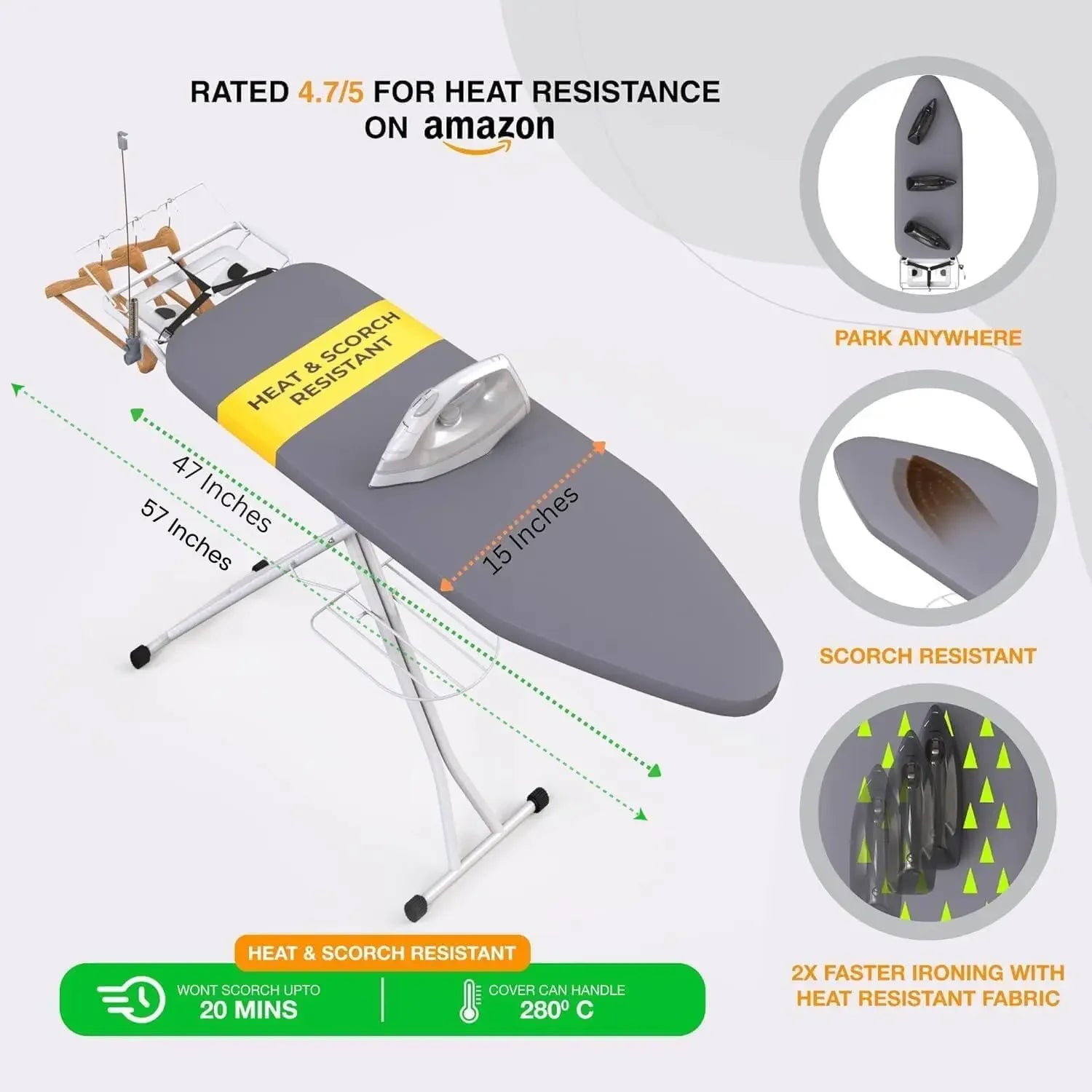 Full Size Ironing Board with Wall Mount, Heat Resistant Fabric, Cord Holder & Anti-Skid Feet for Home and Professional Use Peaceful Pleasures Health and Wellness