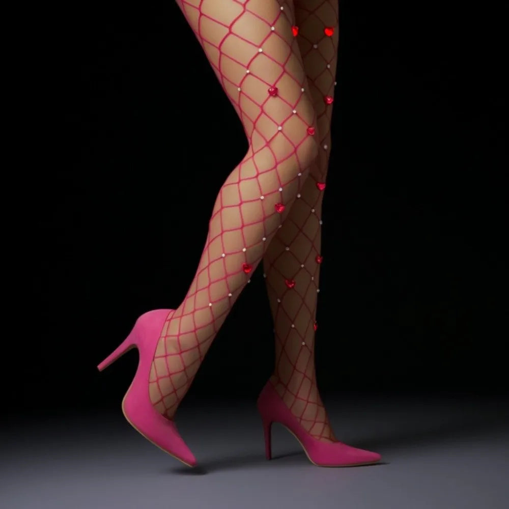 Rhinestone Fishnet Stockings – Diamond Heart Glitter Tights