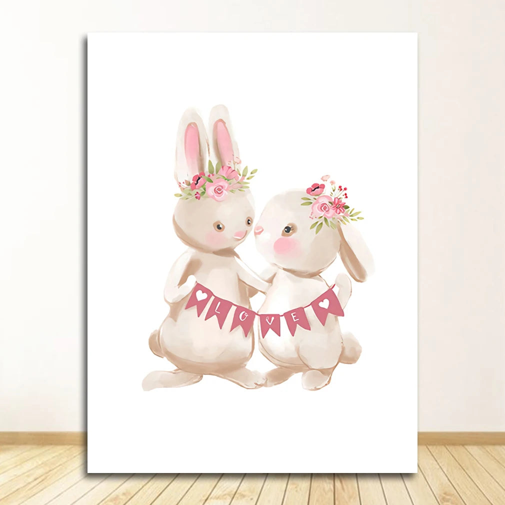 Pink Bunny Nursery Canvas Wall Art | Girls Baby Room Decor