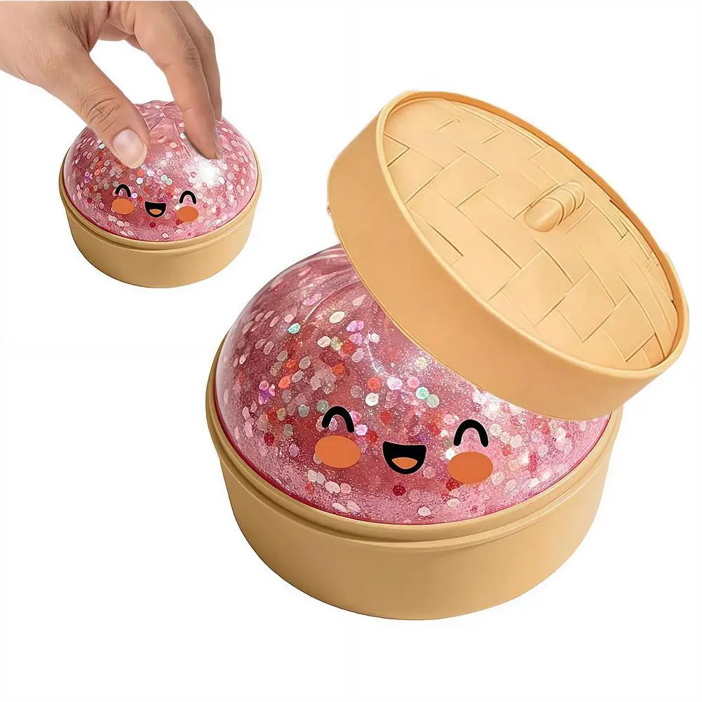 Colorful Dumpling Squeezable Toy Stress Relief Toy Squeezy Dough Ball with Steamer Stress Glitter Dumpling Squeeze Toy Peaceful Pleasures Health and Wellness