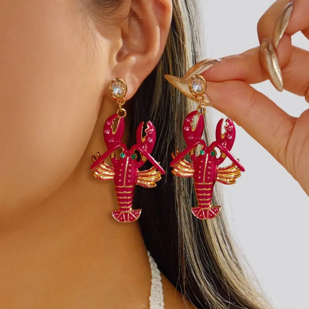 Lobster Drop Earrings – Enamel & Crystal Zircon Ocean Jewelry