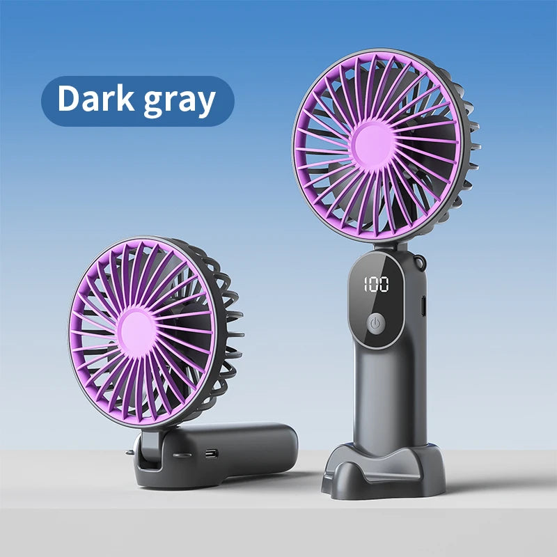 HOMEFISH Multi-purpose Mini Handheld Fan with Digital Display Foldable 6 Speed Large Wind Power Usb Charging Portable Small Fan Peaceful Pleasures Health and Wellness Grey