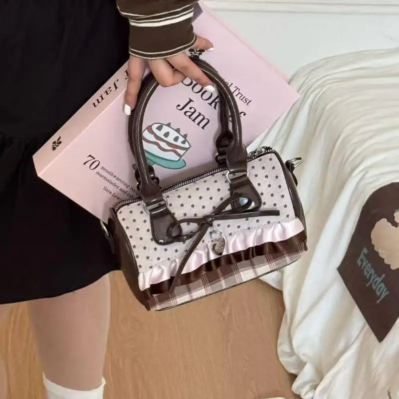 Kawaii Cylinder Crossbody Bag – Retro Bow Polka Dot Shoulder Bag