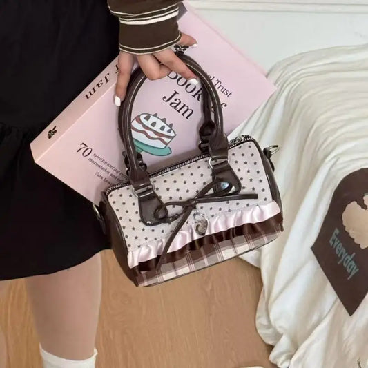 Kawaii Cylinder Crossbody Bag – Retro Bow Polka Dot Shoulder Bag Crossbody Shoulder Bag Oasis Select B