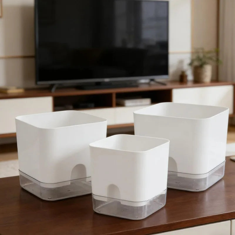 White Square Self-Watering Plant Pot | Double Layer Flowerpot