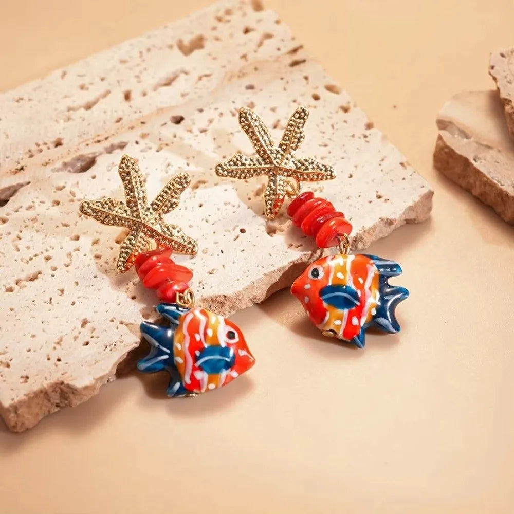 Ocean Glass Beaded Fish & Starfish Drop Earrings | Summer Jewelry