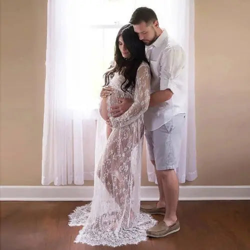 Sexy Deep V-Neck Long Sleeve Lace Beach See-Through Maternity Maxi Dress Douche de bébé Photographie de vêtements de maternité Peaceful Pleasures Health and Wellness style 1 white S China Mainland