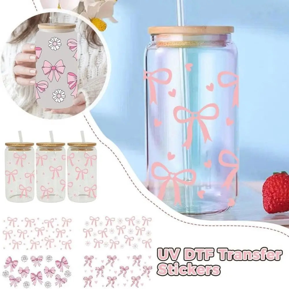New Waterproof UV DTF Transfer Sticker Clear Smooth Pink Bow Decals Water Bottles Sticker For 16Oz Glass Cup Peaceful Pleasures Health and Wellness