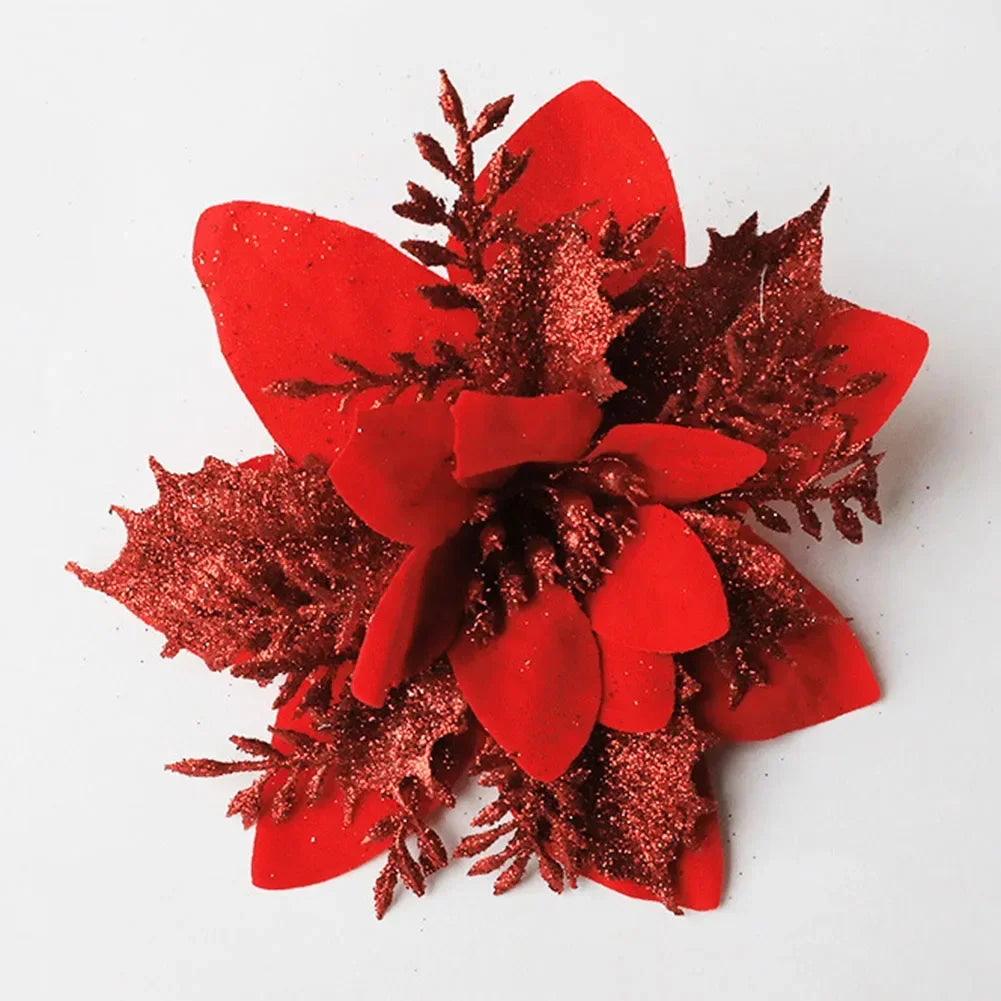 Christmas Glitter Poinsettia Flower Ornament | Xmas Tree Decor