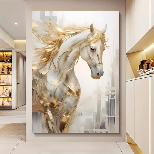 Frameless Golden Horse Canvas Wall Art Modern Decor with Urban Backdrop,White Golden Abstract Painting for Living Room Bedroom Peaceful Pleasures Health and Wellness ZLH3158 70x100cm No Frame