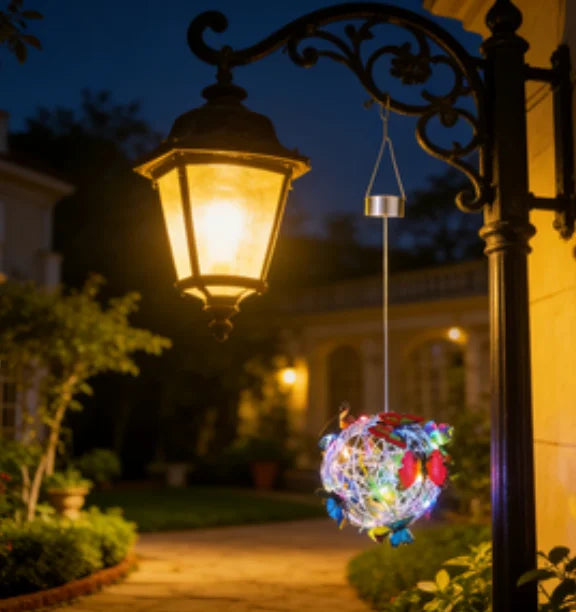 Outdoor Solar Ball Light with Butterfly LIght Decorative Hanging Lamp LED Waterproof Garden Hanging Light Yard Decoration Night Peaceful Pleasures Health and Wellness