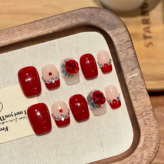 Red Crystal French Press-On Nails | Short Korean Style 10pcs Press-On Nails Peaceful Pleasures Health and Wellness