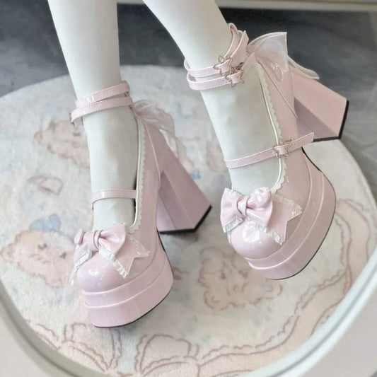 Fashion Versatile Sweet Cute Round Head High Heels Party Shoes New Lolita Flat Bottom Shoes Artificial Leather Party High Heels Peaceful Pleasures Health and Wellness