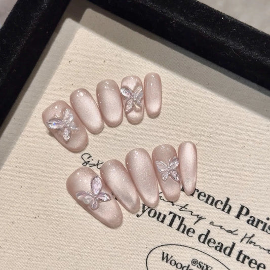Handmade Press on Nails Sweet Butterfly Decor Cat Eye Fake Nails for Women Girl Wearable Shiny Pink Korean False Nail Tips Peaceful Pleasures Health and Wellness