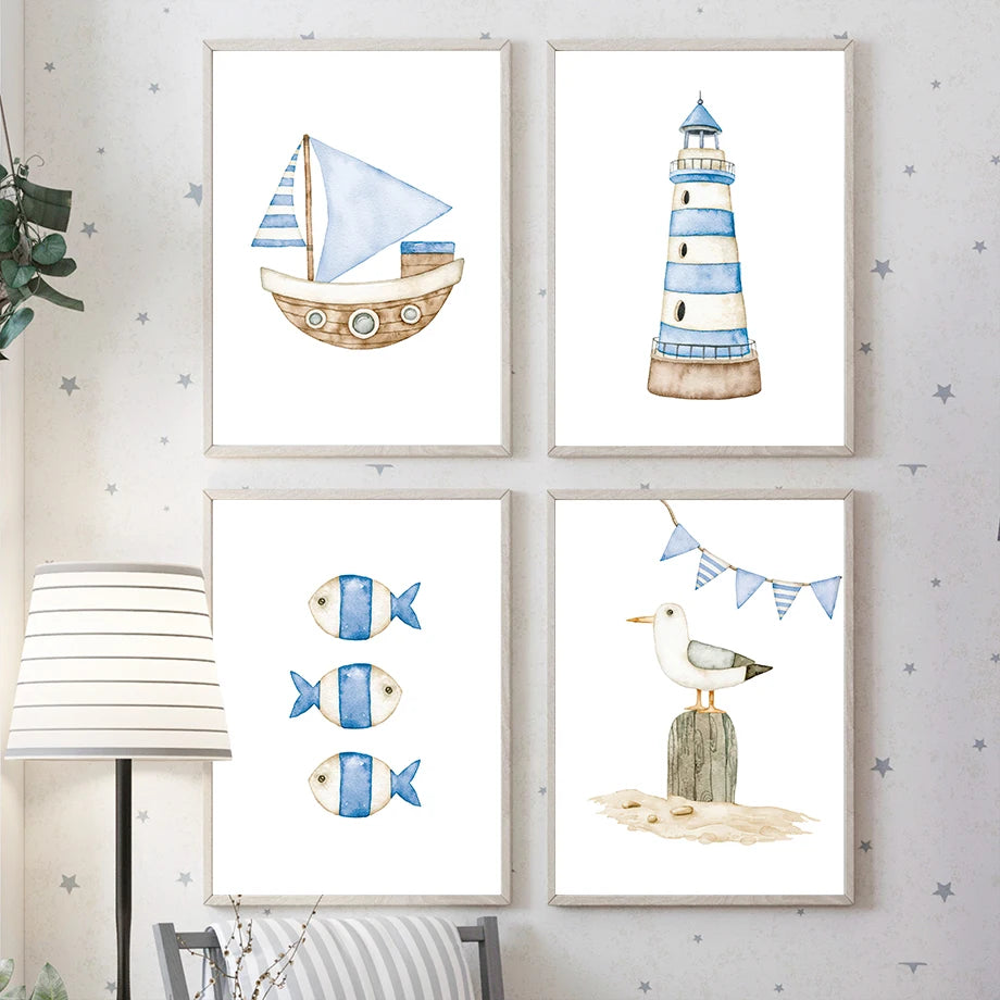 Nautical Canvas Wall Art | Sailboat Lighthouse Nordic Print