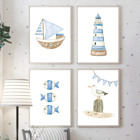 Nautical Canvas Wall Art | Sailboat Lighthouse Nordic Print Canvas Wall Art Peaceful Pleasures Health and Wellness