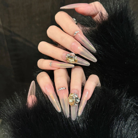 Nude Pink Aurora Gradient Press-On Nails | Long Oval Crystal Press-On Nails Peaceful Pleasures Health and Wellness