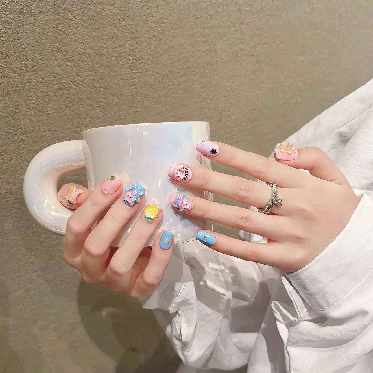 Handmade Press on Nails Ocean Seahorses Starfish Whales Fake Nails for Women Girl Wearable Cartoon Cute Shiny Short False Nails Peaceful Pleasures Health and Wellness