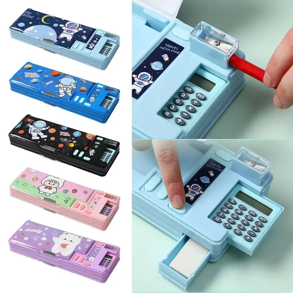 Double Layer Pencil Case Astronaut/Animal Design Pencil Sharpener Pencil Box Plastic With Calculator Stationery Organizer Peaceful Pleasures Health and Wellness