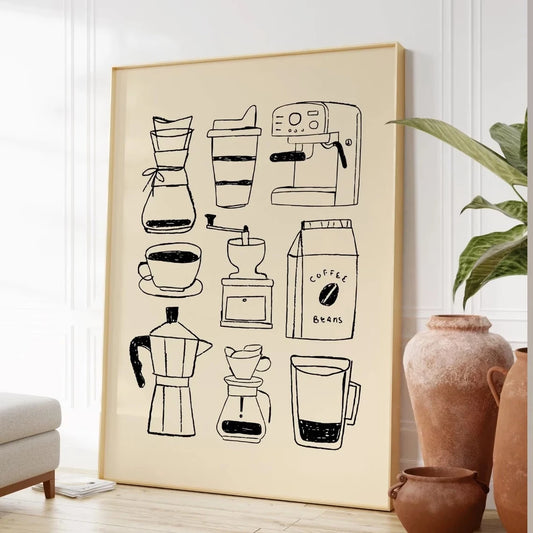Minimalist Coffee Equipment Wall Art Print, Coffee Lover Canvas Poster, Modern Kitchen Cafe Wall Home Decor Peaceful Pleasures Health and Wellness G3823 30x40cm Wood Framed