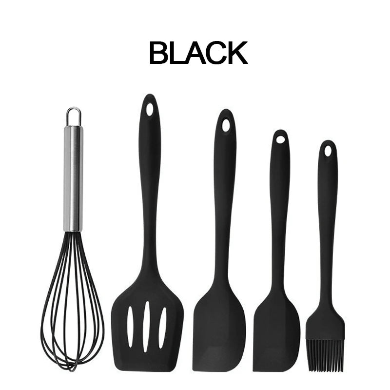 Silicone Kitchenware Cooking Utensils Set Non-stick Cookware Spatula Shovel Egg Beaters Wooden Handle Kitchen Cooking Tool Set Peaceful Pleasures Health and Wellness BLACK