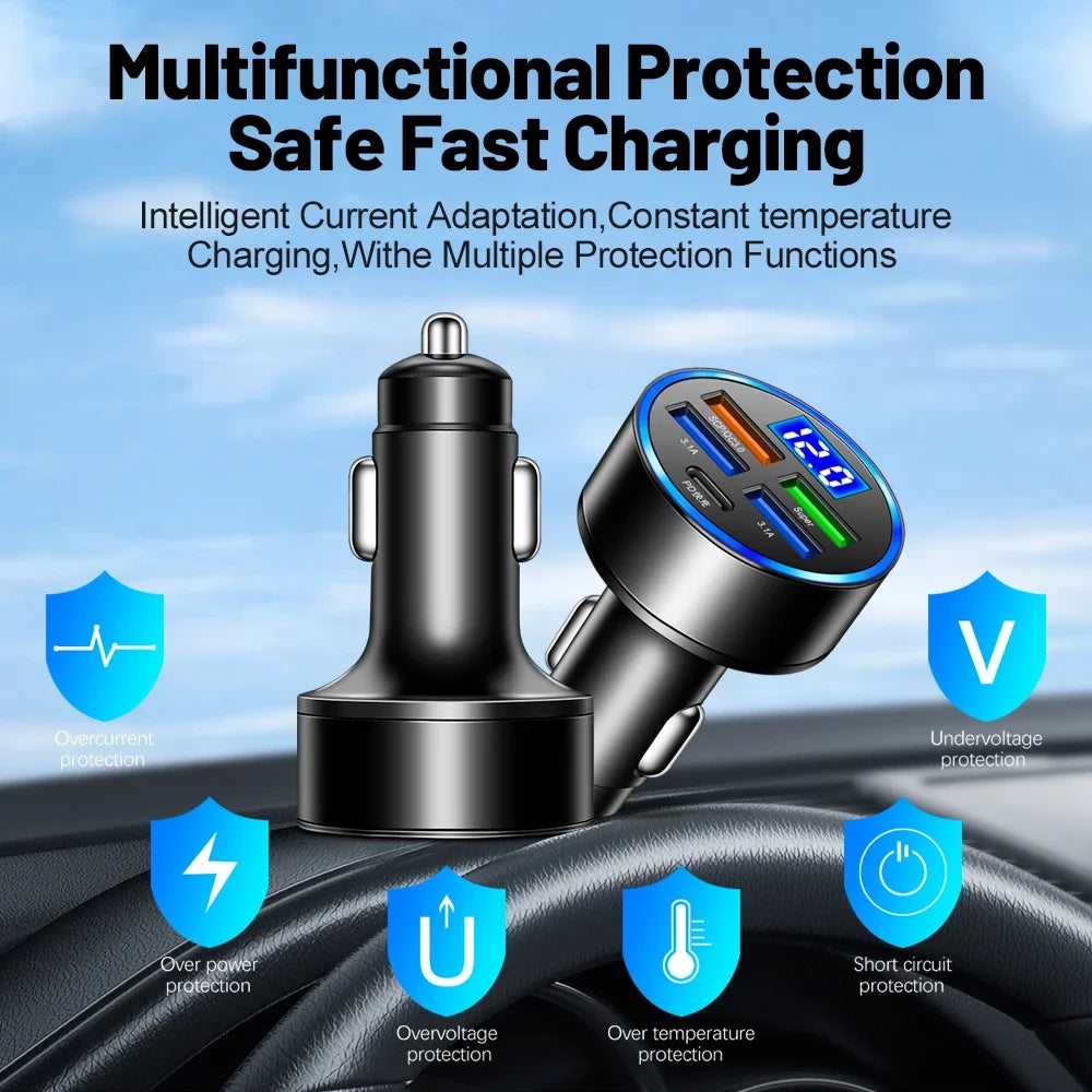 5-Port 250W PD QC3.0 USB Car Charger with LED Display