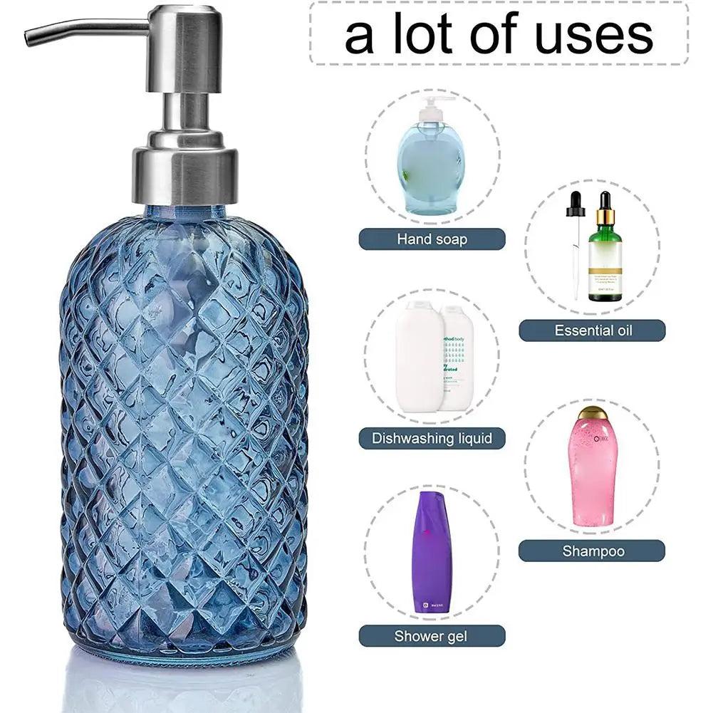 480ml Glass Soap Dispenser – Gem Pattern, Rust-Proof Pump Peaceful Pleasures Health and Wellness