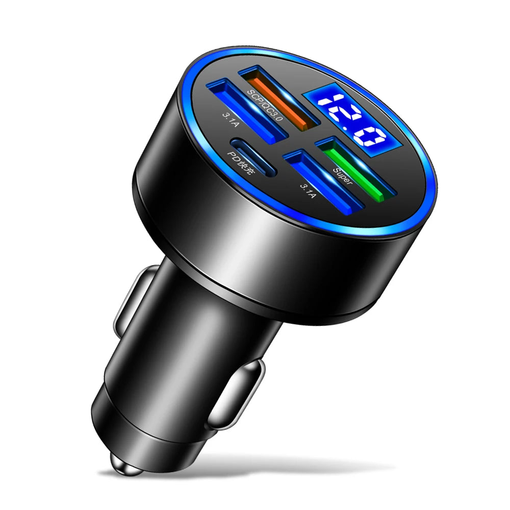 5-Port 250W PD QC3.0 USB Car Charger with LED Display